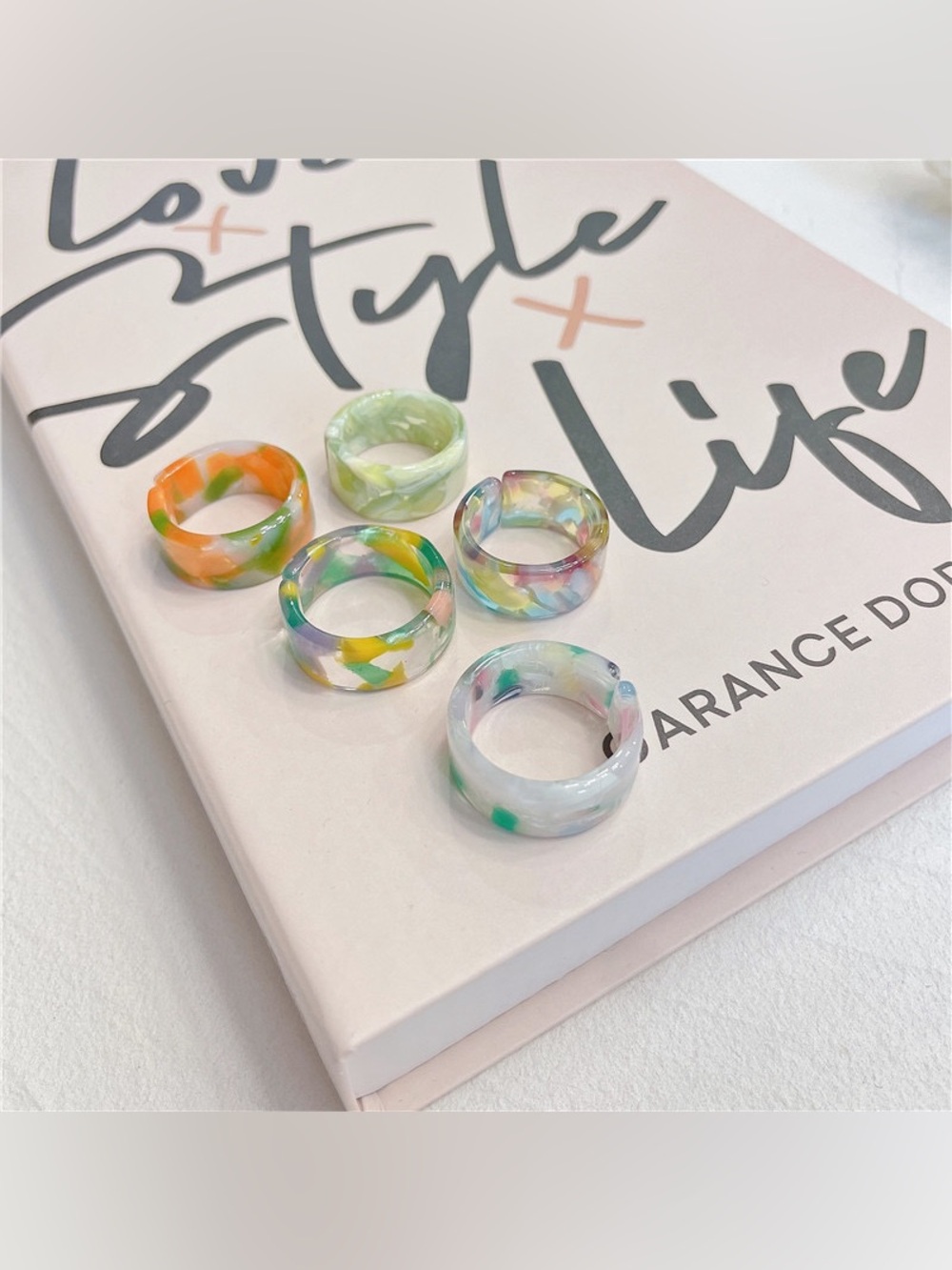 Korean Vintage Colorful Marble Ring Set of 5 - Size 7
